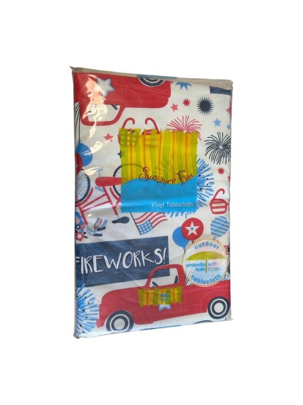 Summer Fun Vinyl Tablecloth With Patriotic Print Outdoor Use Zipper & Umbrella H